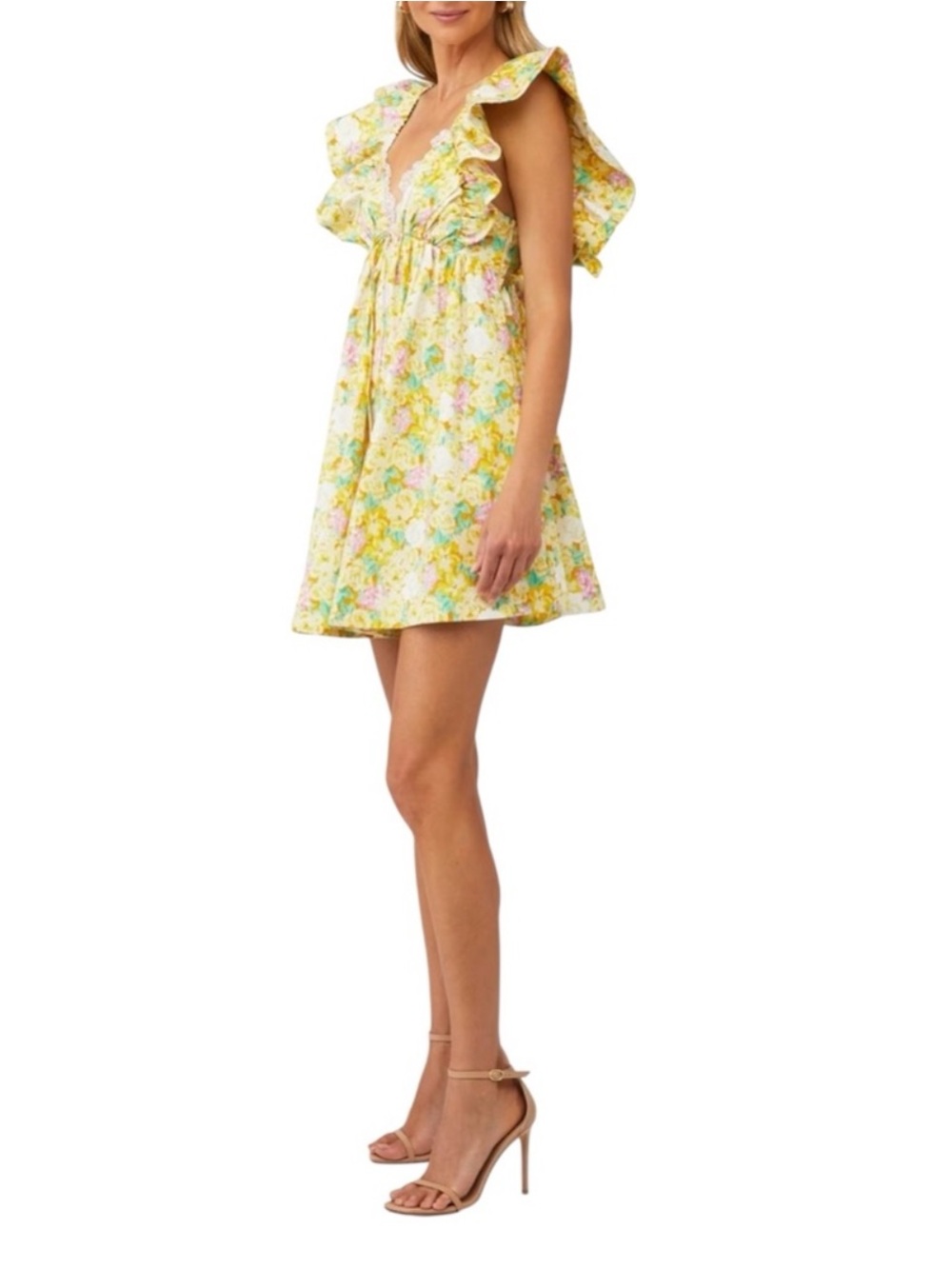 NWT For Love & Lemons Tamra Mini Dress in Yellow Floral Size Medium - Picture 3 of 11